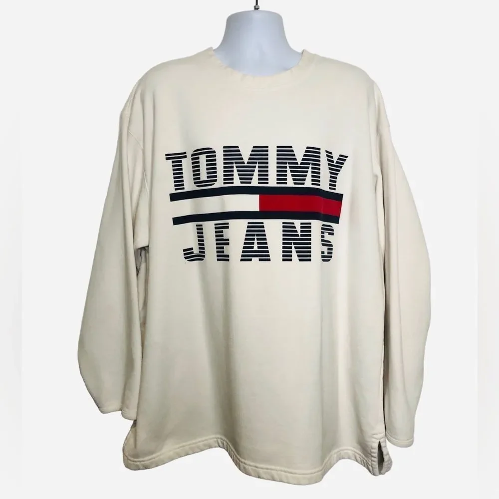 VTG 90s Tommy Hilfiger Sweatshirt Flag Spell Out Signature Jeans Sport Shirt XXL